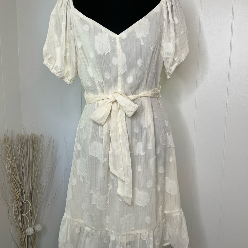 Umgee Cream Dot-Textured Midi Dress with Puff Sleeves